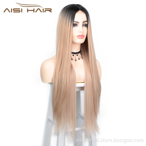 Aisi Hair Ombre Blonde Dark Root Wig Long Silky Straight Lace Frontal Wig Middle Part Synthetic Front Lace Hair Wigs For Women